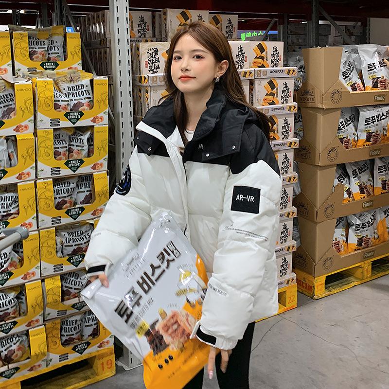 

Down cotton clothes winter new women s short thickened hooded letter loose bread clothes jacket S бежевый