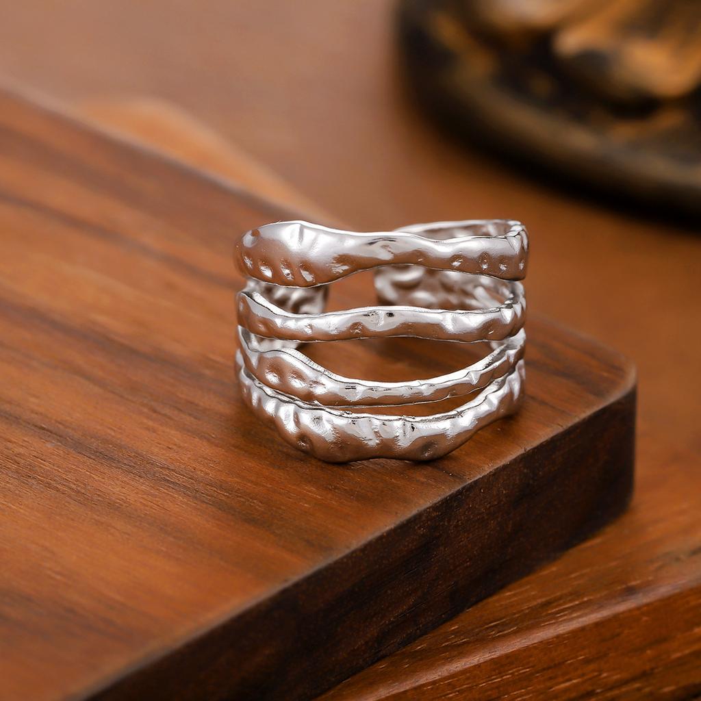 Stainless Steel Multi Layer Hollow Wide Rings for Women Men Classic Retro Texture Chunky Opening Rings Party Jewelry Accessories