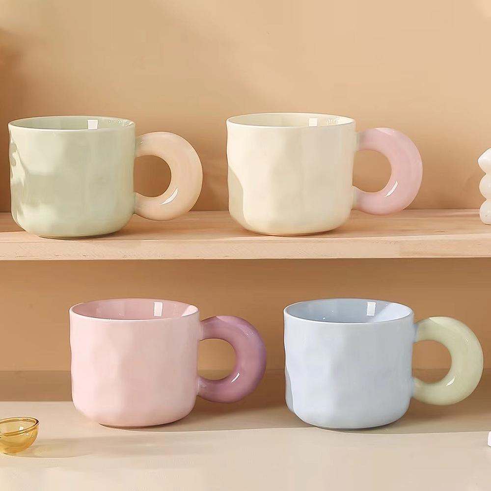 High value Couple Cup with Lid Spoon Contrasting Color Hand Pinch Pattern Big Ear Ceramic Cup Office Home Coffee