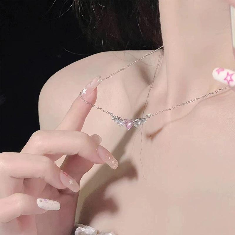 Colier S999 Argint Pur Inimă cu Aripă Femeie Dulce Fashion Versatil Lanț pentru Claviculă Inimă Iubitoare Zircon Colier Argint Sterling