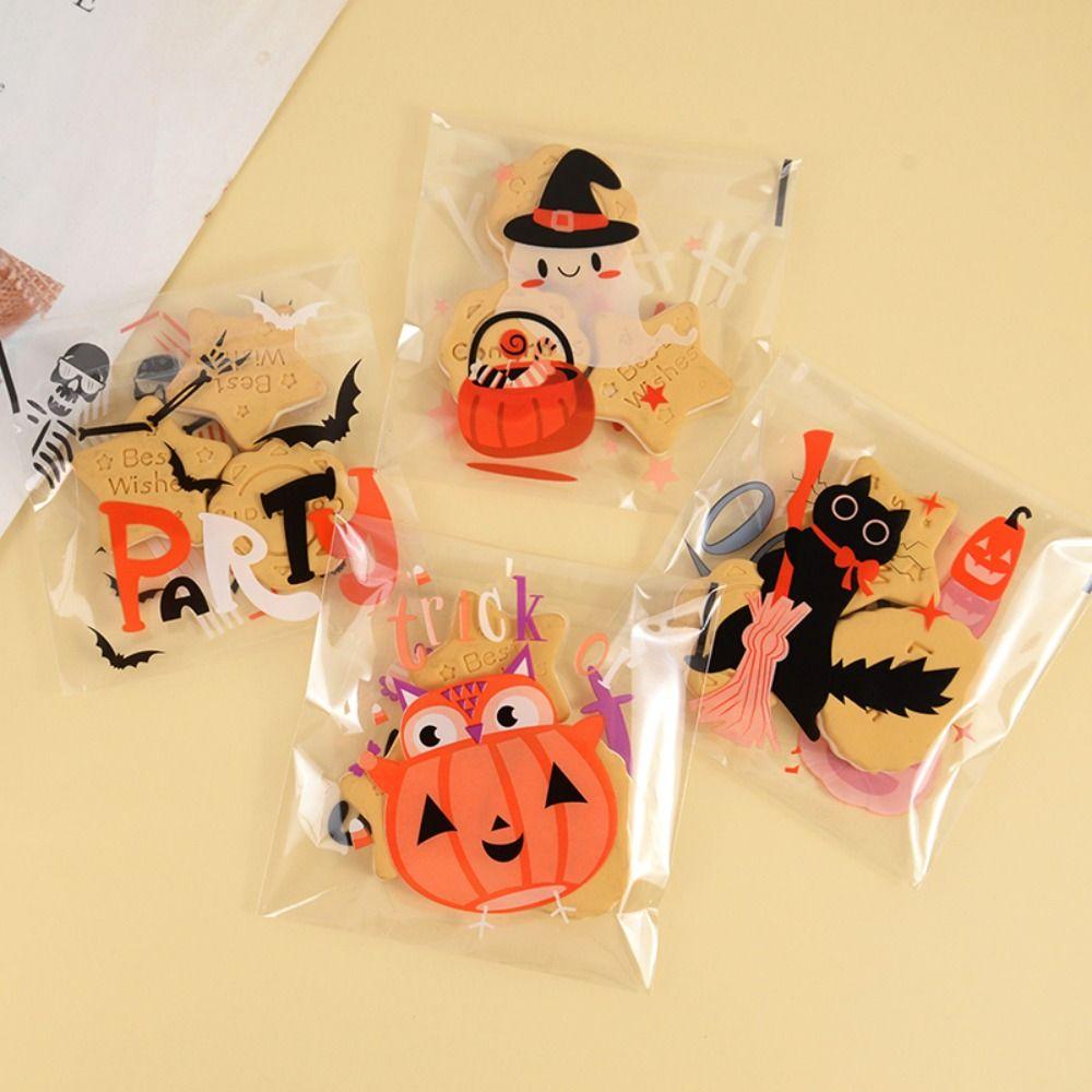 100PCS Pumpkin Halloween Plastic Candy Pouch Ghost Halloween Biscuit Gift Bag   Halloween