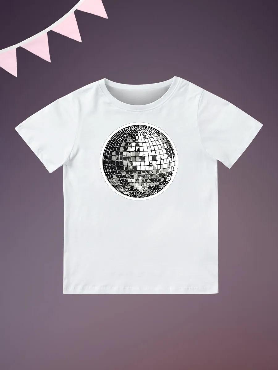 Round Neck Printed Pattern Pullover Short Sleeve Kids Tops Disco Ball 170