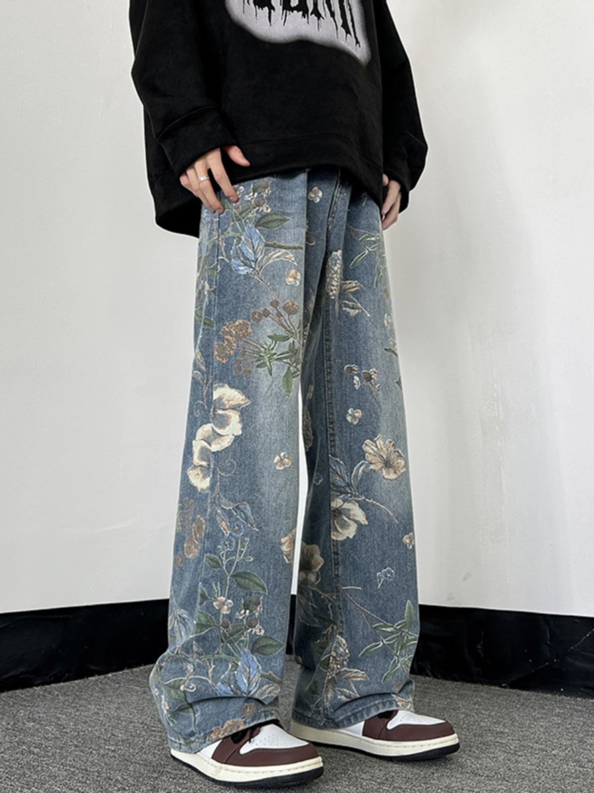 Джинсы JYL Прямые Мужские Китайский Принт Весна Американский Модный Новый Стиль Широкие Джинсовые 3XL