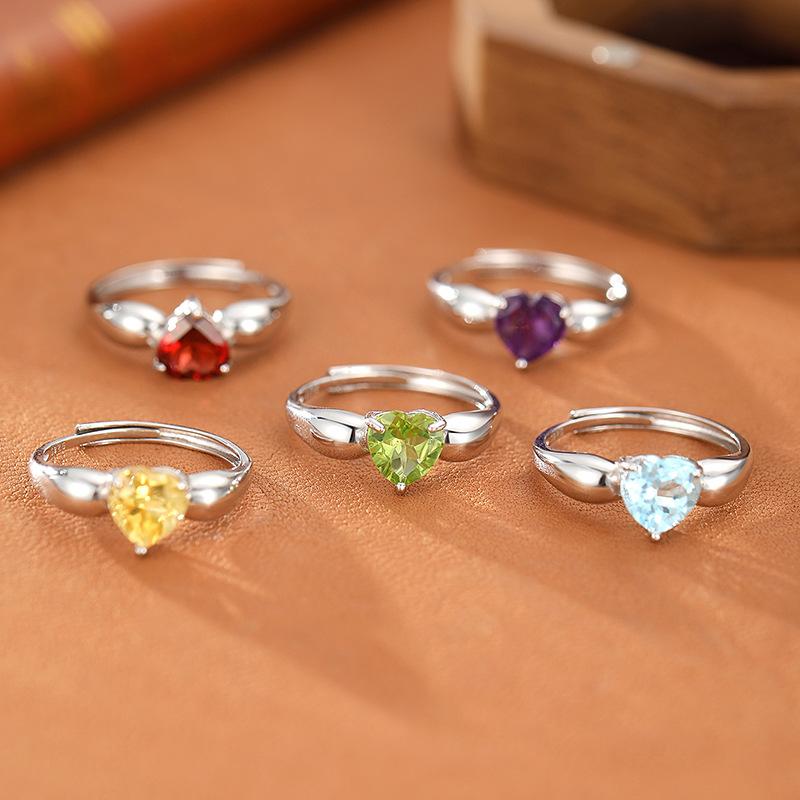 Natural Peridot Ring S925 Sterling Silver Inlaid Heart Crystal Stone 7mm Daily Women's Jewelry Gifts