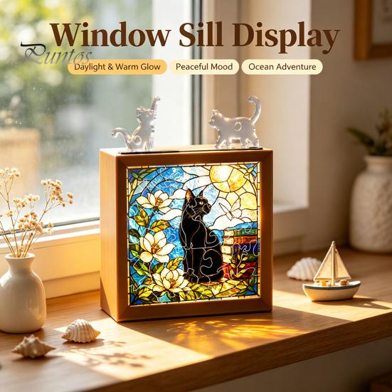 Wooden Photo Frame Base DIY Acrylic Cat Puzzles Night Light, Hand-Assembled Stained Glass Style Jigsaw Lamp with Personalized Handmade Presents Decor,