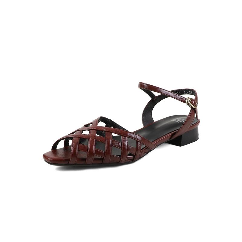 Fashion Women's new genuine leather cowhide fish mouth square head hollow weave elastic buckle strap retro low heel Roman sandals summer