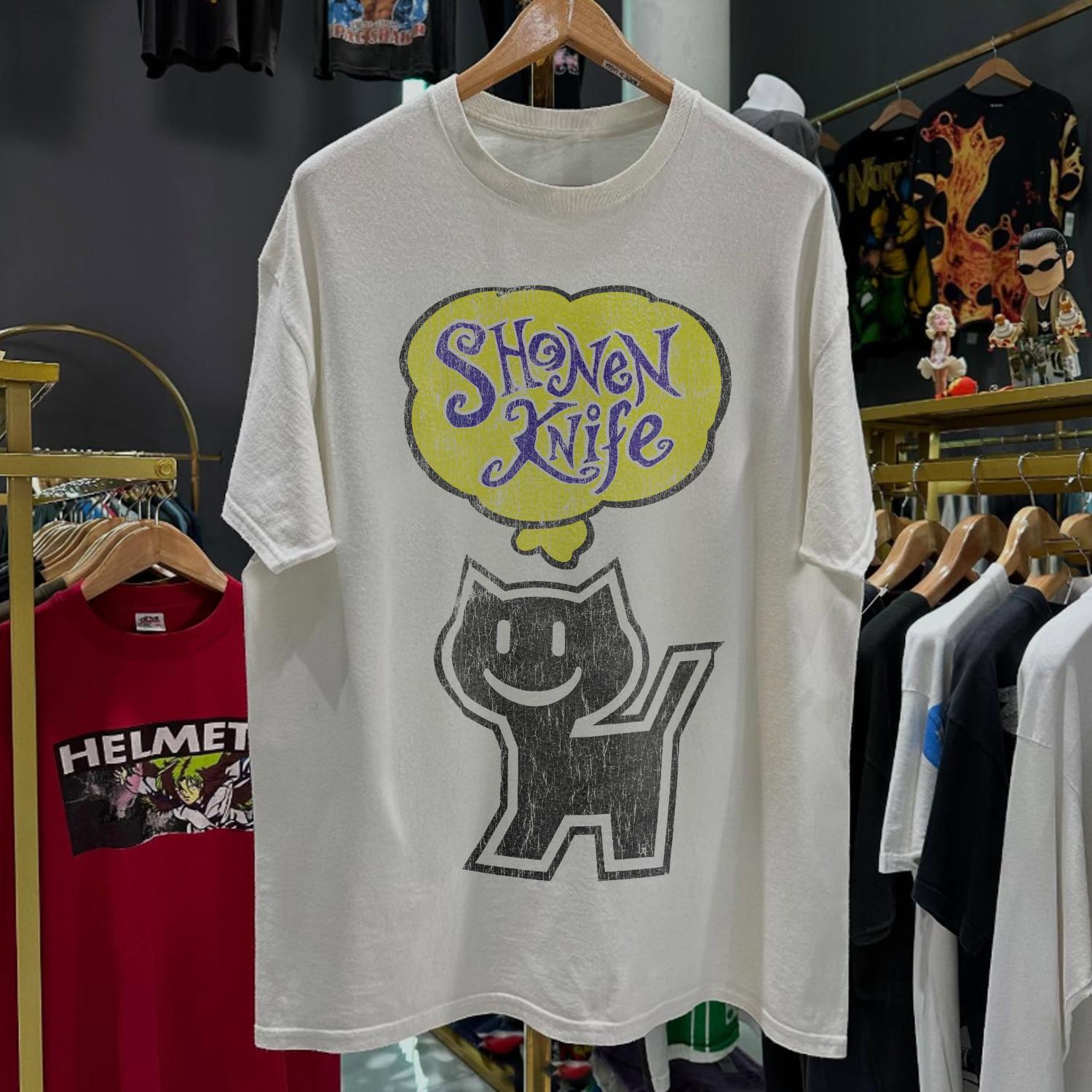90 s Shonen Kitten Club Shonen Knife Cat Aged T-Shirt White M 4XL