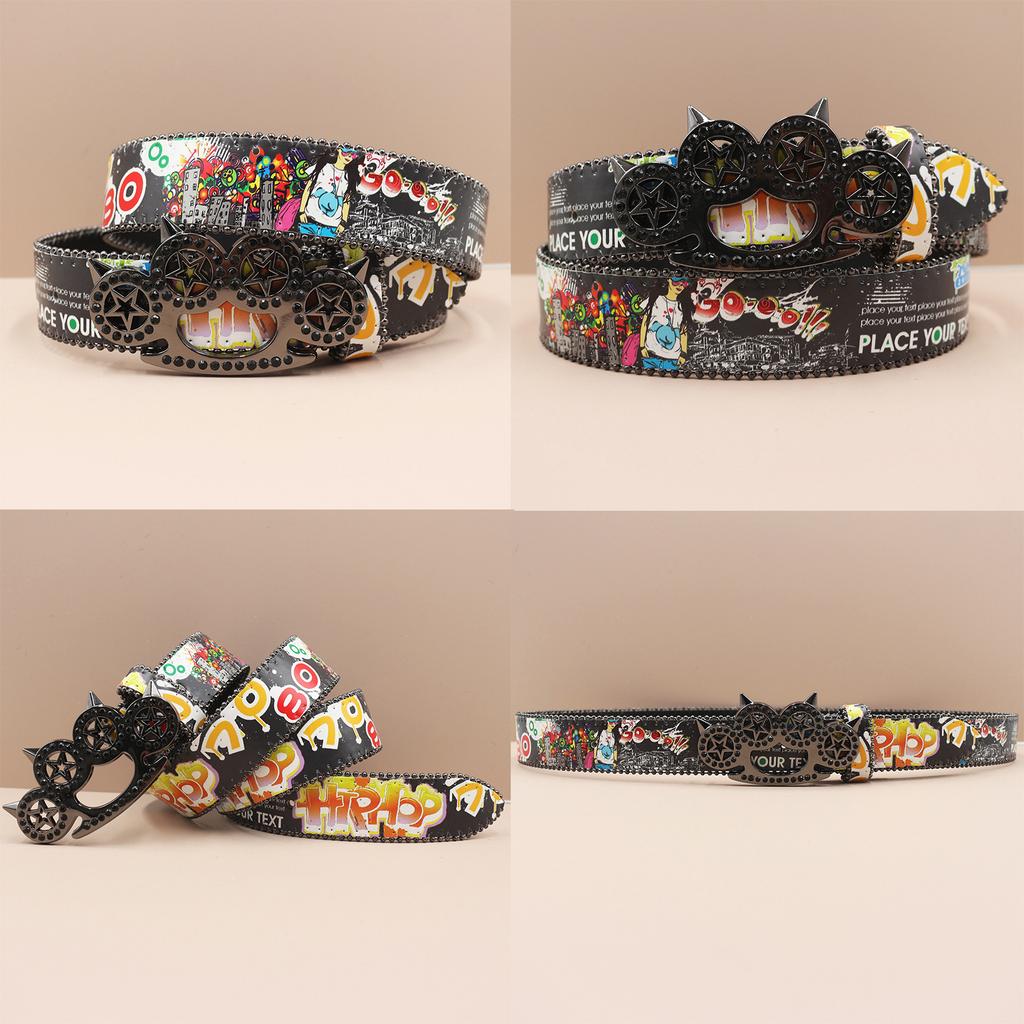 Tiger Claw Rhinestone Buckle Head Smooth Buckle Printed Graffiti Casual Personalized Belt Belt European and American Versatile