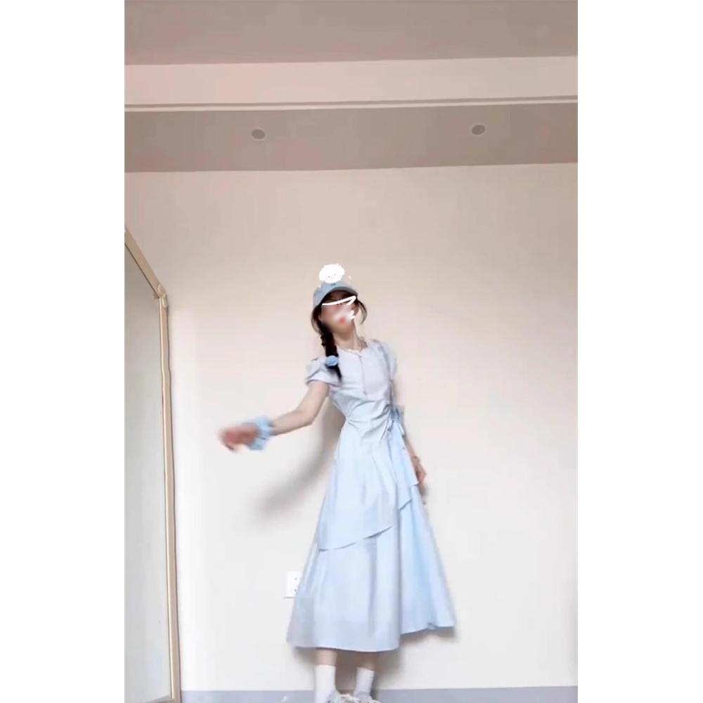 

Summer milk sweet gentle wind blue drawstring waist dress small man looking thin chic foreign style long skirt XL- (recommended 110-60kg)