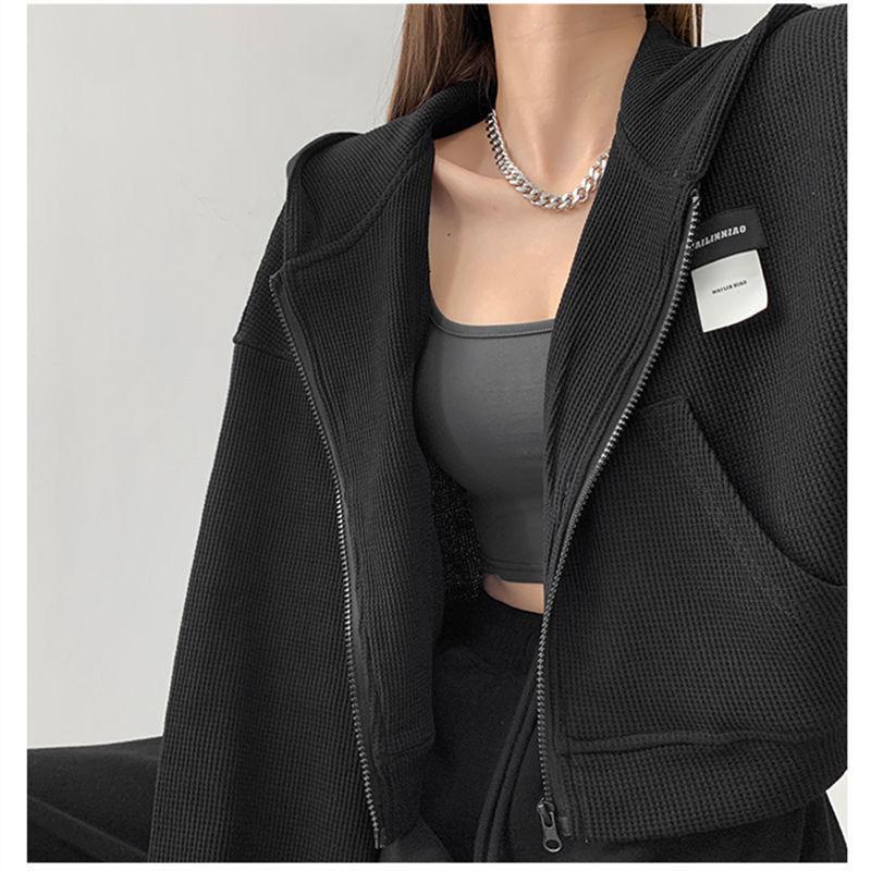 

Женские толстовки Harajuku, корейская модная спортивная одежда, женские толстовки на молнии, винтажная уличная одежда, базовый повседневный укороченный топ M чёрный