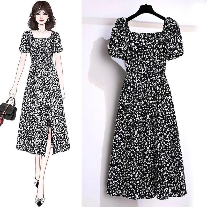 

Черное платье с цветочным принтом, маленькое свежее женское летнее новое платье с завышенной талией S чёрный