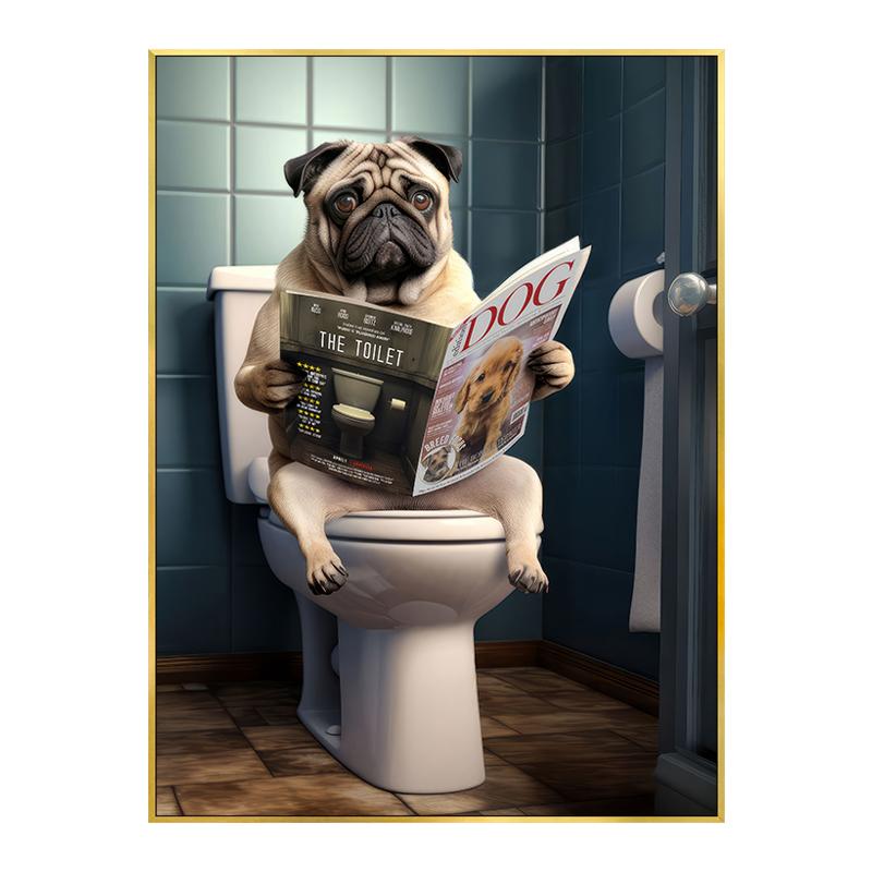 Zabawny plakat z krową szkocką, szympansem i psem Dekoracja toalety łazienki Zwierzę czytające gazetę Obraz na płótnie Sztuka ścienna Obrazy Dekoracja domu