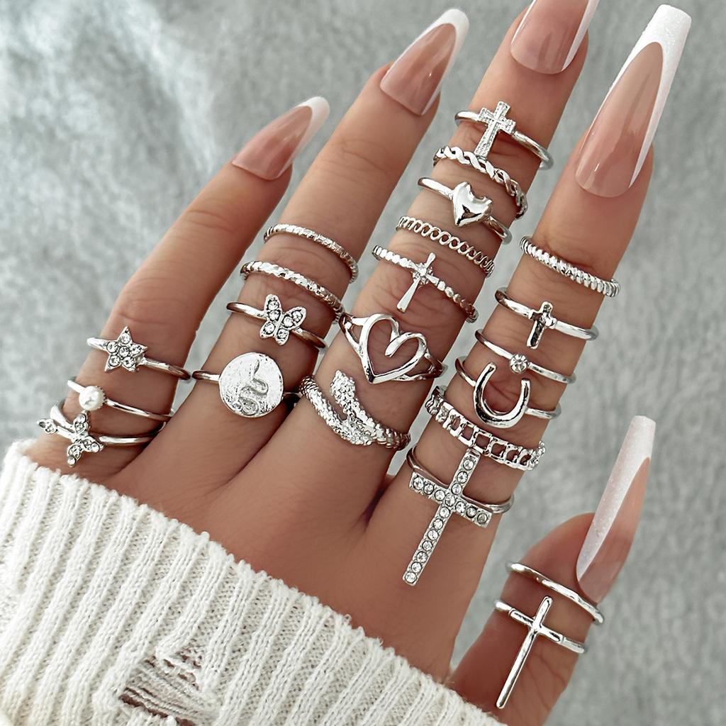 22Pcs Bohemia Cross Knuckle Rings Set For Women Gold Silver Color Heart Butterfly Snake Shape Charm Ring Fashion Daily Jewelry