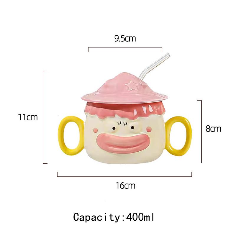 Ceramic Milk Mug with Lid And Straw 400ml Funny Cartoon Animal Water Cup with Double Handle Holiday Gift