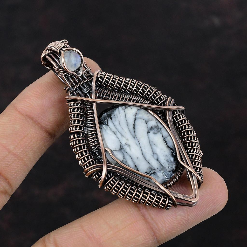 Pinolith Jasper Pendant Copper Wire Wrapped Gemstone Handmade Pendant Rainbow Moonstone Jewelry Gift For Her Wire Wrapping Stone Jewelry