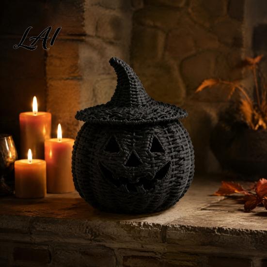 Uniek Seizoensgebonden Cadeau Halloween Hars Pompoenmand Nep Geweven Lantaarn Ornament Spookachtig Gotisch Huisdecor Zwarte Snoeppot voor Tafelblad Schouw
