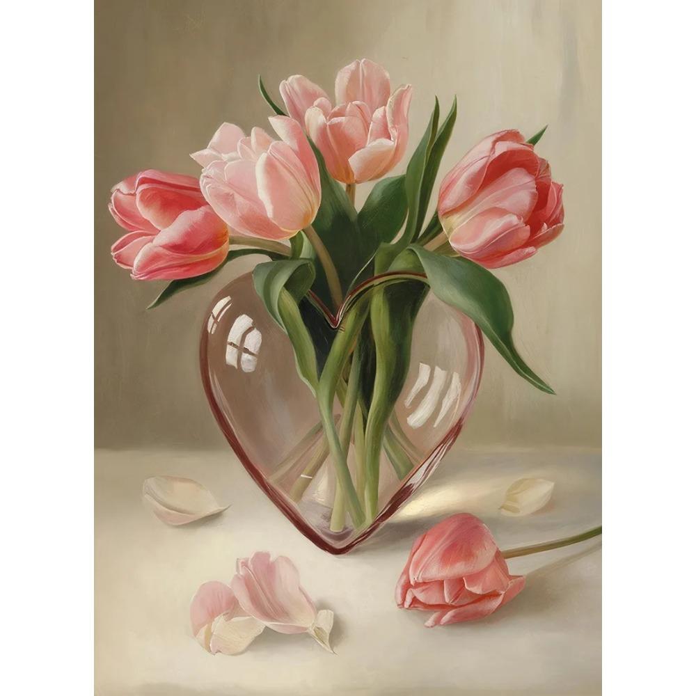Peony Tulip Pink Roses Valentines Day Romantic Floral Vase Poster Print Wall Art Pictures Canvas Painting Room Home Decor Gift
