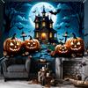 One Halloween party banner featuring designs of terrifying haunted houses pumpkins bats and full moons.