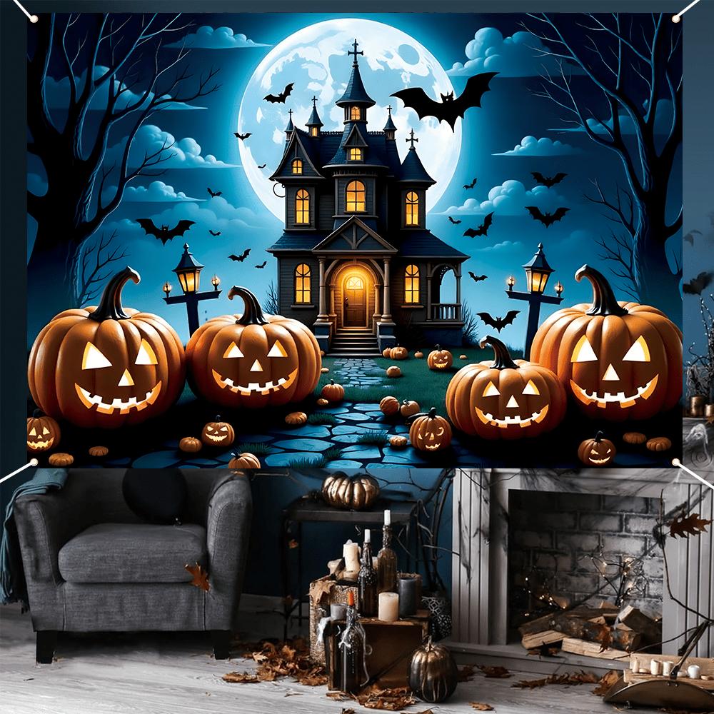 One Halloween party banner featuring designs of terrifying haunted houses pumpkins bats and full moons.