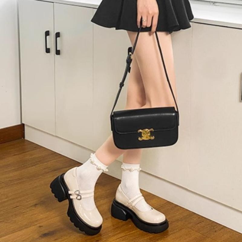 2024 High Quality Fashionable Round Toe Solid Color Shallow Mouth Leather One-line Buckle Strap Thick Heel Women's High Heels