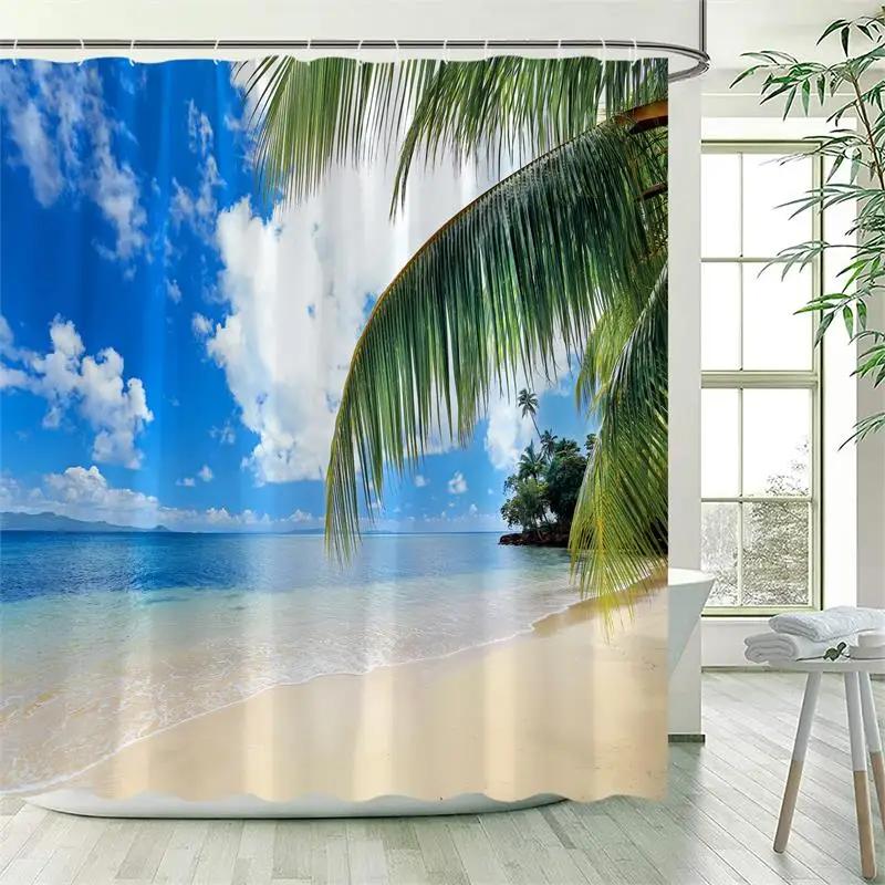 Ocean Landscape Shower Curtain Beach Palm Trees Parrots Dolphins Sea Waves Nature Scenery Bath Curtains Fabric Bathroom Decor