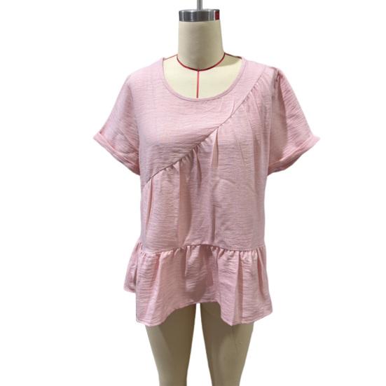 Damen-T-Shirt mit Rundhalsausschnitt, kurzen Ärmeln und Rüscheneinsatz, einfarbig, locker geschnitten, lässiges Sommertop