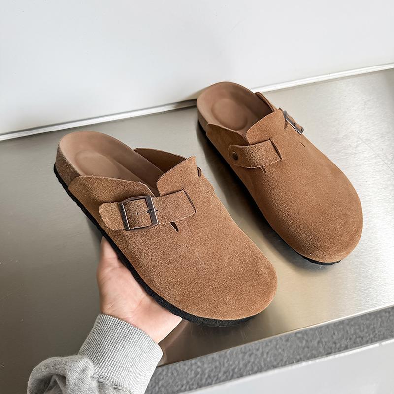 Half Shoes For Men Mules Suede Leather Loafers Slippers Open-Back Casual Shoes Backless Slides Sandal Platform Slip On Flats