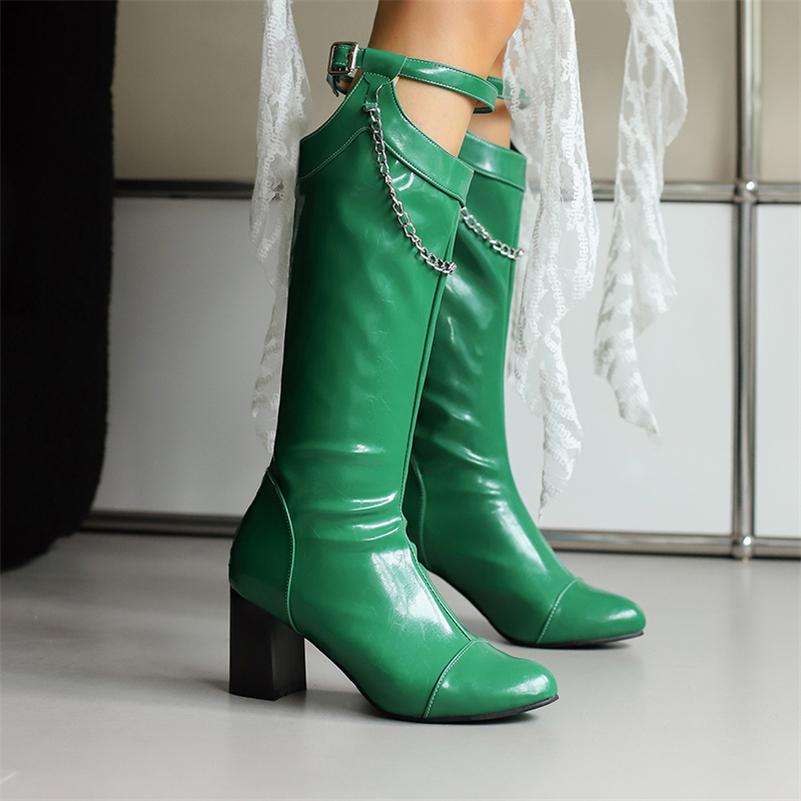 FOREADA Women Knee High Boots Round Toe Chunky High Heels Chain Buckle Zipper Long Boots Ladies Fashion Shoes Autumn Winter 46