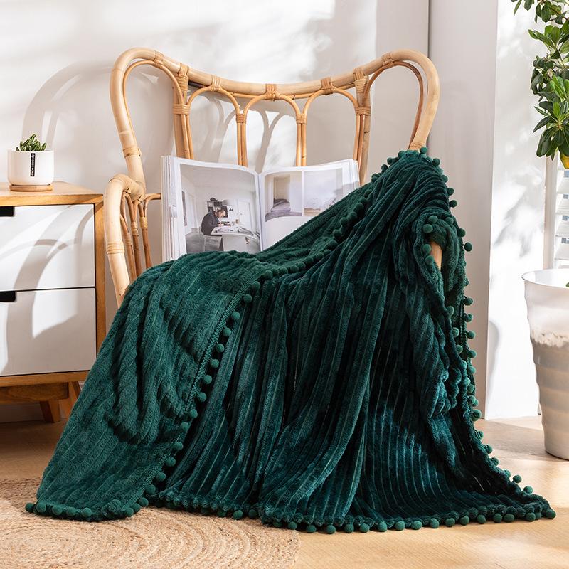 Fleece Throw Blanket Couch with Pom Pom Fringe Soft Cozy Fuzzy Flannel Blankets for Sofa Bed Large Lightweight Plush All Seasons