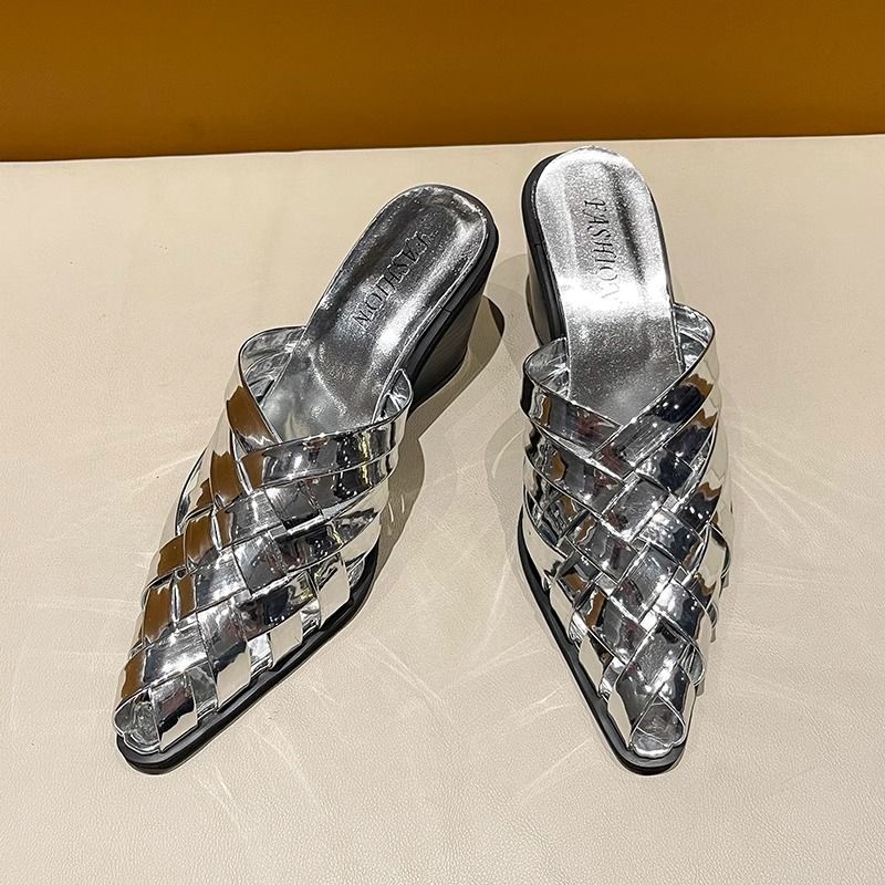 Lackledertasche Kopf dicker Absatz mittlerer Absatz spitz zulaufende Halbschuhe Sommerkleidung High Heels Mules Sandalen Damenschuhe Plateauabsatz