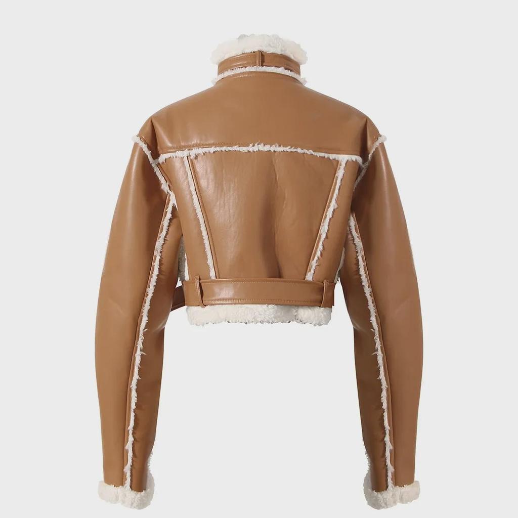 2023 Women's Motorcycle Style Leather Jacket - Short, Fur-Integrated, Cotton Outerwear