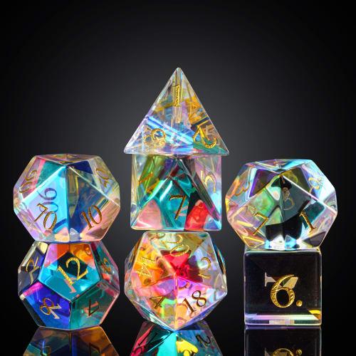 UDIXI Natural Gemstone Dice Set, 7 Gemstone DND Dice for Dungeons and Dragons, Handmade Glass Dice for MTG Tabletop Games (Prism Glass)