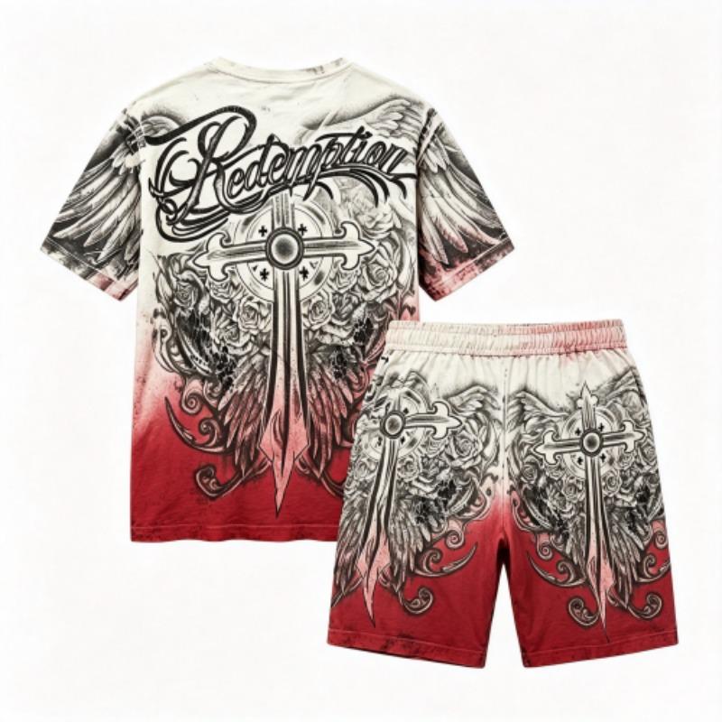 Sommer Gotischer Stil Kreuzschwert Aufdruck Rundhals Kurzarm T-Shirt und Shorts Set Herren und Damen T-Shirt Shorts Set