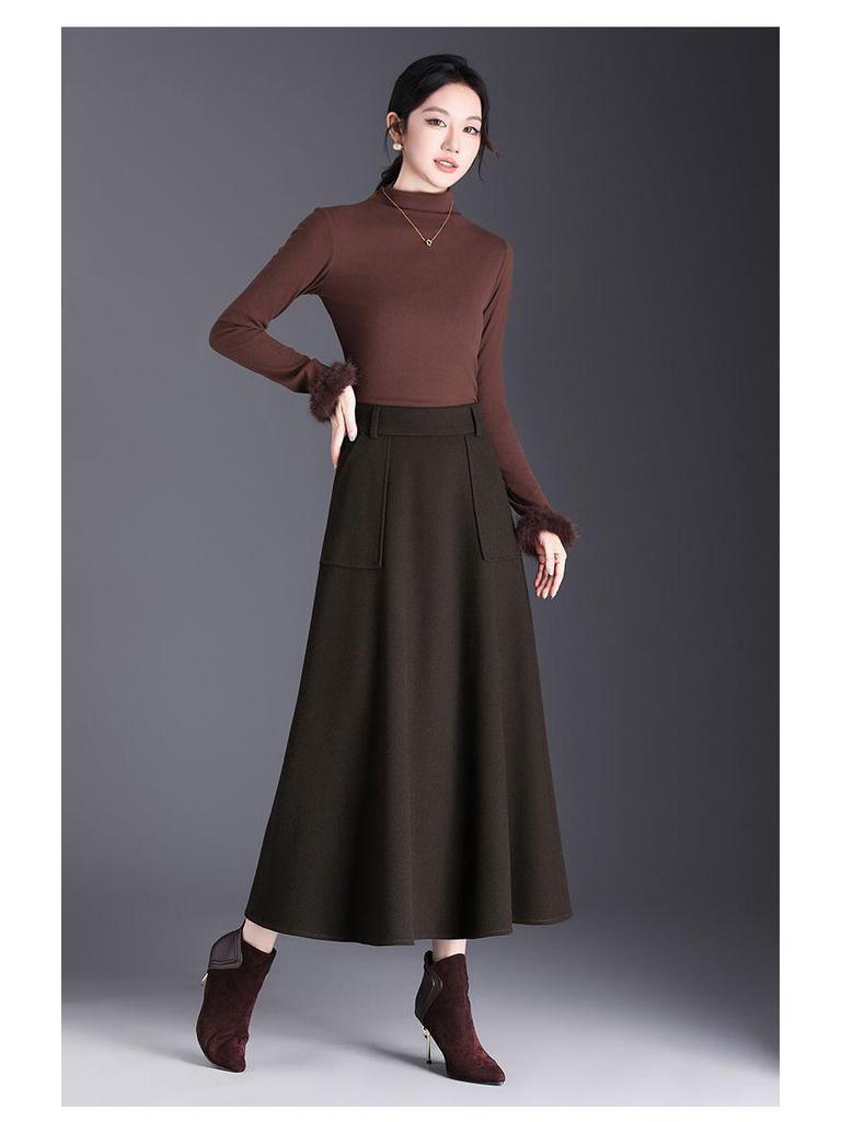 High-Waisted Wool A-Line Midi Skirt with Pockets for Autumn and Winter