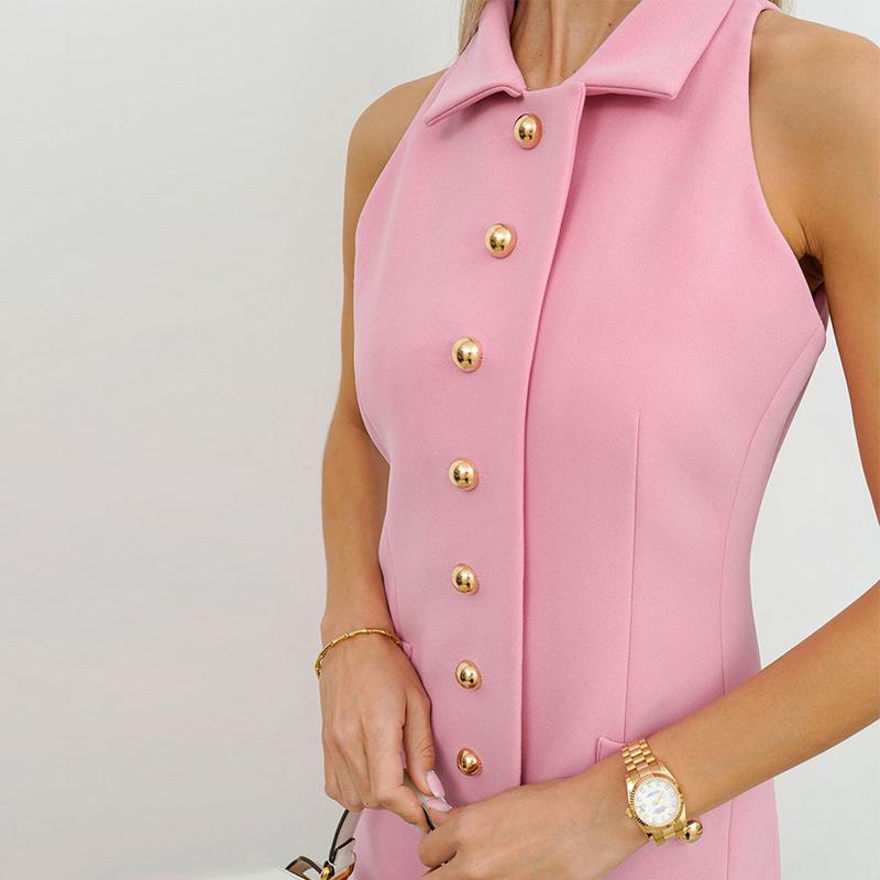 Damen Elegant Einreihiges Kleid Damen Slim Einfarbig Ärmellos Umlegekragen Mini Kleider Weiblich Sommer Mode Damenkleid