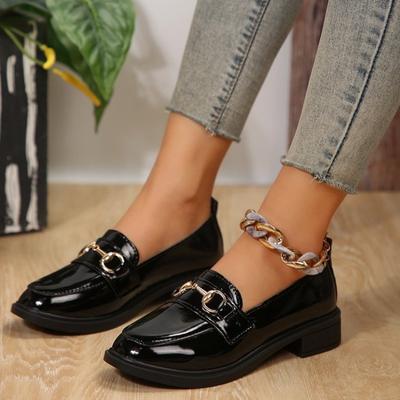 Spring Women’s Leather Shoes British Style Metal Chain Black Mary Jane Low Heels Ladies Casual Loafers Plus Size 43