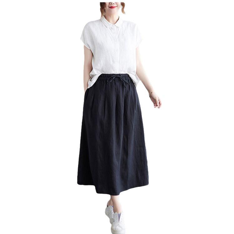Women's High-Waisted Embroidered A-Line Cotton Linen Skirt with Elastic Waist and Large Hem