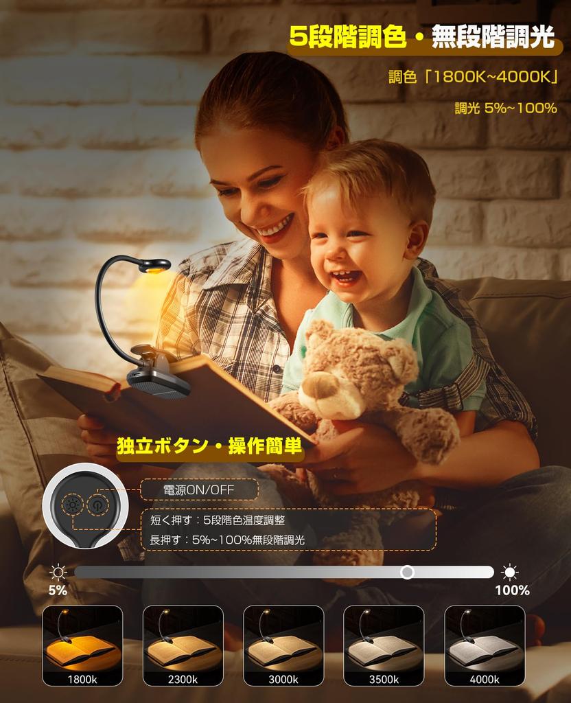 Hensam Rechargeable LED Book Light [1200mAh, 5 Color Temperature Settings, Stepless Dimming, Storage Pouch Included] Eye-Friendly, Bedside Light,