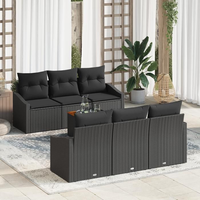 VidaXL Set de canapé de jardin de 7 pièces avec coussins noirs en poly rattan acacia 3356448