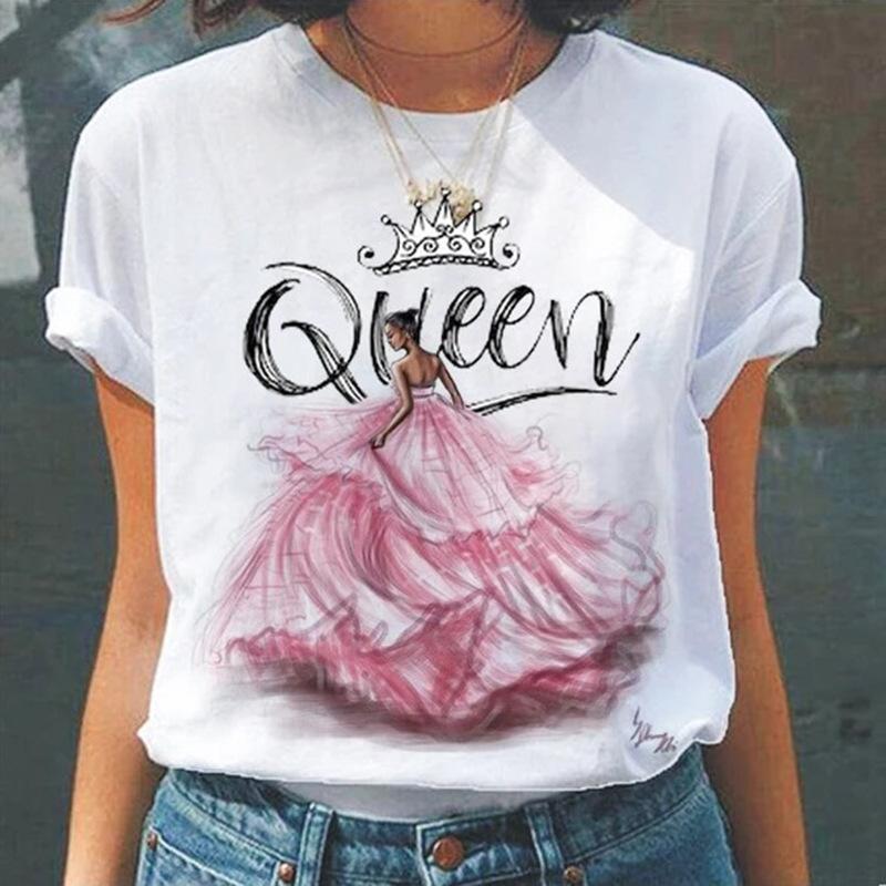 Camiseta de Verano de Cuello Redondo con Estampado 3D de Patrón de Reina, Camisetas de Mujer Casuales de Moda de Manga Corta