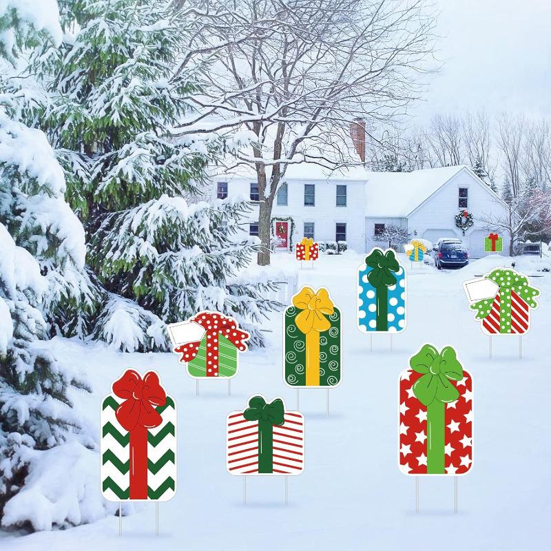 10-Piece Colorful Christmas Gift Box Yard Sign Set with Stakes - Waterproof Outdoor Decoration