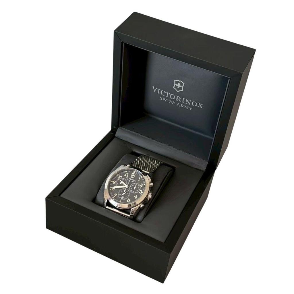 Used VICTORINOX SWISS ARMY Men's Watch Chronograph Stainless Steel Silver Sapphire Crystal 100m Water Resistant with Box 241589 Victorinox