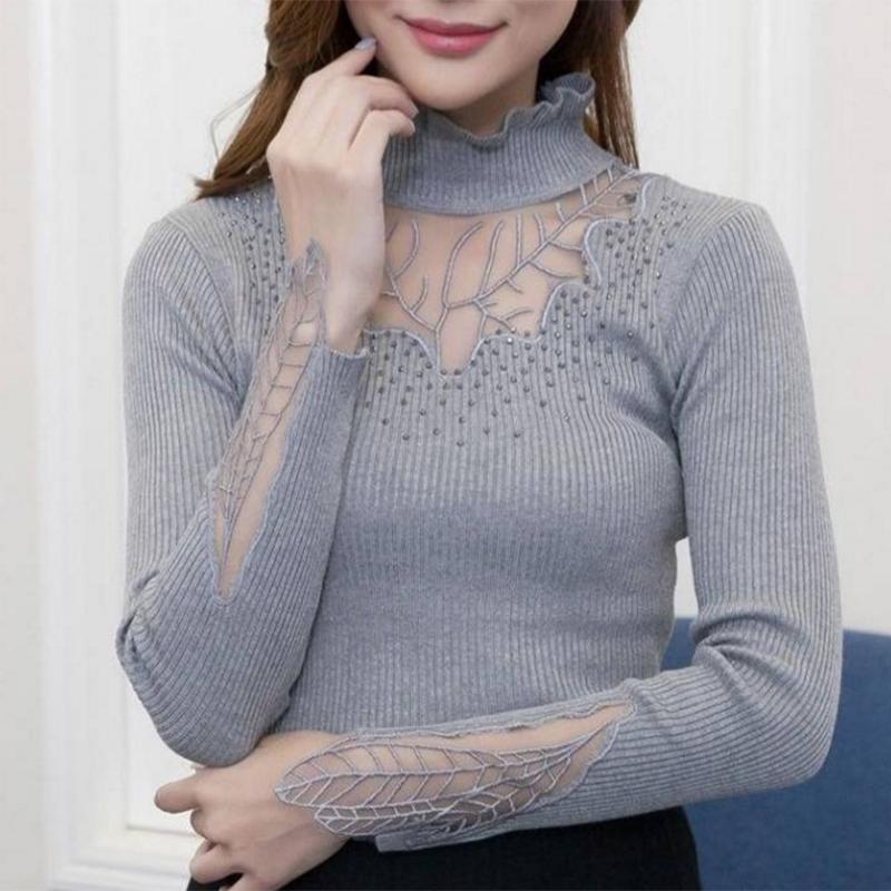 Pofulove Fashion Σέξι κεντημένο πουλόβερ με δαντέλα πουλόβερ πουκάμισο με κάτω μέρος Κοίλο πουλόβερ