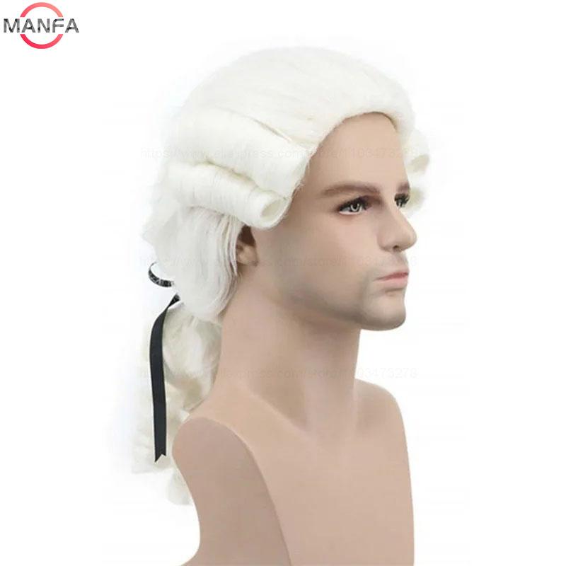 Advocaat Rechter Barok Cosplay Pruik Krullend Grijs Wit Zwart Deluxe Historisch Lang Hittebestendig Synthetisch Haar Pruiken + Pruikkap wit
