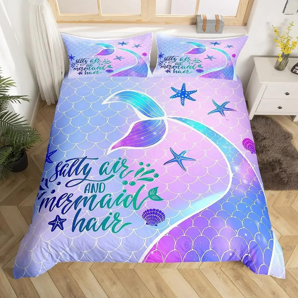 Copripiumino Coda di Sirena Misura KingQueen, Coda di Pesce Stella Marina Conchiglia Tema Animale Marino Poliestere Copripiumino per Bambini Ragazze