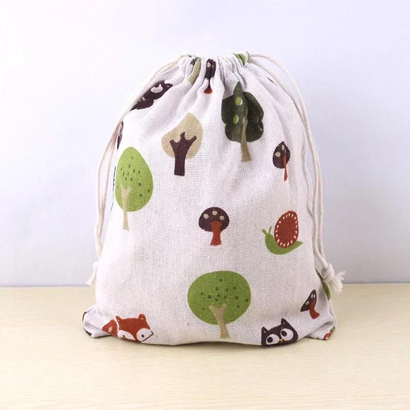 Cotton Linen Drawstring Bag Cute Cartoon Pattern Animal Plant Printed Pouch Dustproof Storage Bag Gift Packaging Bags
