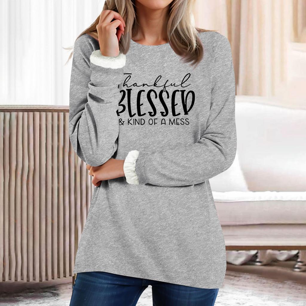 Kadın Yuvarlak Yaka Üst Harf Baskılı Kalınlaştırılmış Peluş Kaşmir Sıcak Uzun Üst