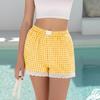 Women Fashion Plaid Lace Trim Elastic Waistband Casual Shorts Soft Breathable Lightweight Summer Bottoms