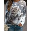 Tops for Women Cat Print Round Neck Long Sleeve T-shirt Fall Casual Slim Pullover Women's Long Sleeve Top
