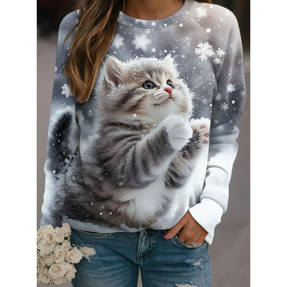 Tops for Women Cat Print Round Neck Long Sleeve T-shirt Fall Casual Slim Pullover Women's Long Sleeve Top